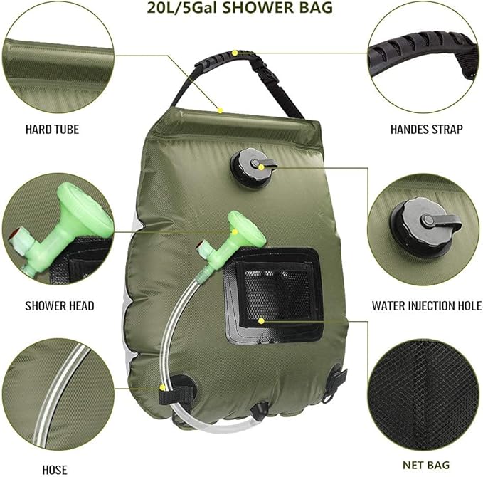 Solar Shower Bag, Solar Heating Camping Shower Bag, 5Gal(20L) Portable Camping Shower Bag, with Removable Hose and On-Off Switchable Shower Head, for Outdoor Traveling/Climbing/Hiking/Beach/Swimming