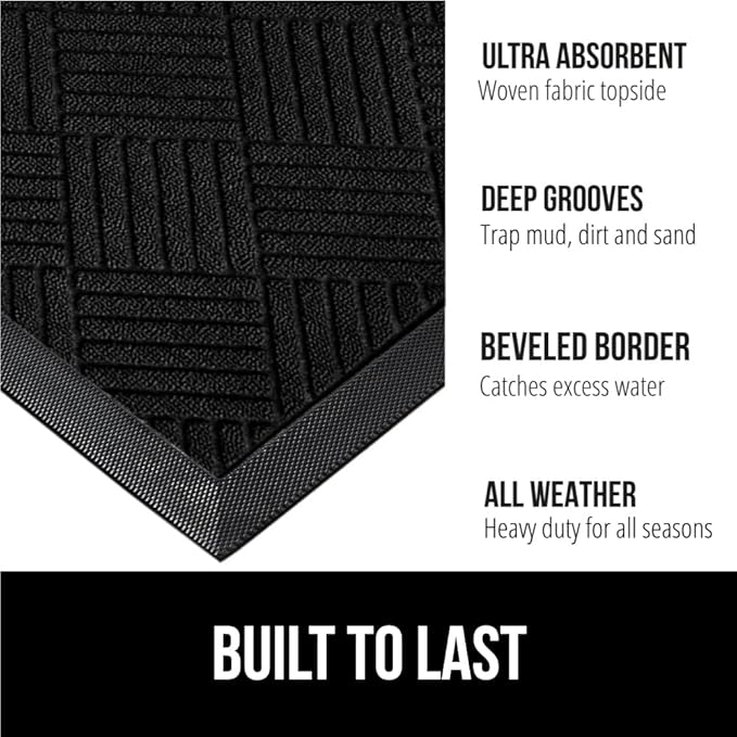 GORILLA GRIP 100% Waterproof All-Season WeatherMax Doormat, Durable Natural Rubber, Stain and Fade Resistant, Low Profile, Indoor Outdoor Door Mats, Easy Clean Patio Entrance Mat, 17x29, Black Diamond