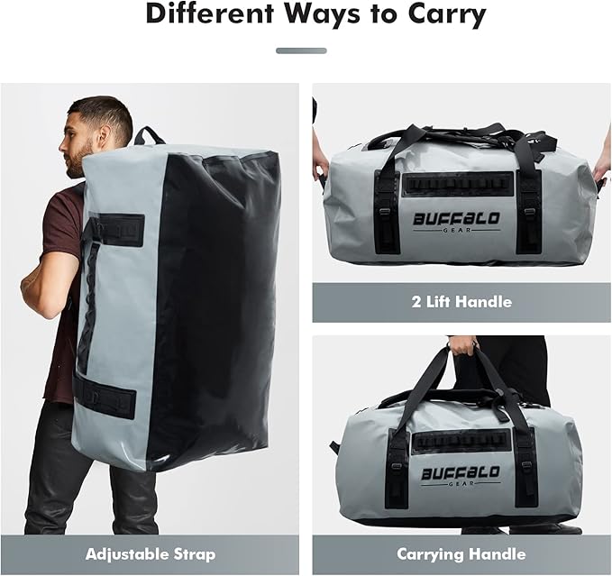 Buffalo Gear 150L Waterproof Duffel Bag Large Adventure Bag Heavy Duty Duffle Dry Bag for Travel, Waterproof Duffle Backpack for Boating Motorcycle Camping Kayaking