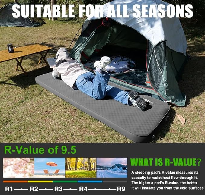 Self Inflating Sleeping Pad for Camping, 4" Extra-Thick Memory Foam Camping Mattress with Electric Pump, Fast Inflate & Deflate, 9.5 R-Value Insulated Camping Pad for Car Travel Tent Cot, Grey