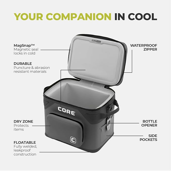 CORE Magnetic Leak Proof Soft Cooler with Waterproof Zipper | Insulated Bag Portable Ice Chest Box | Best Soft Cooler for Food & Beverages for Tailgating, Car Camping, Travel, and Family Beach Picnics