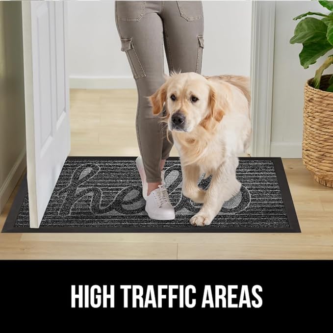 GORILLA GRIP 100% Waterproof All-Season WeatherMax Doormat, 23x35, Durable Natural Rubber, Stain and Fade Resistant, Low Profile, Indoor Outdoor Door Mats, Easy Clean Patio Entry Mat, Charcoal Hello
