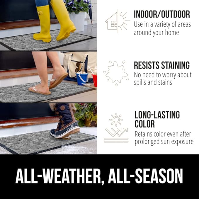 GORILLA GRIP 100% Waterproof All-Season WeatherMax Doormat, 23x35, Durable Natural Rubber, Stain and Fade Resistant, Low Profile, Indoor Outdoor Doormats, Easy Clean Patio Entry Mat, Light Gray Bones
