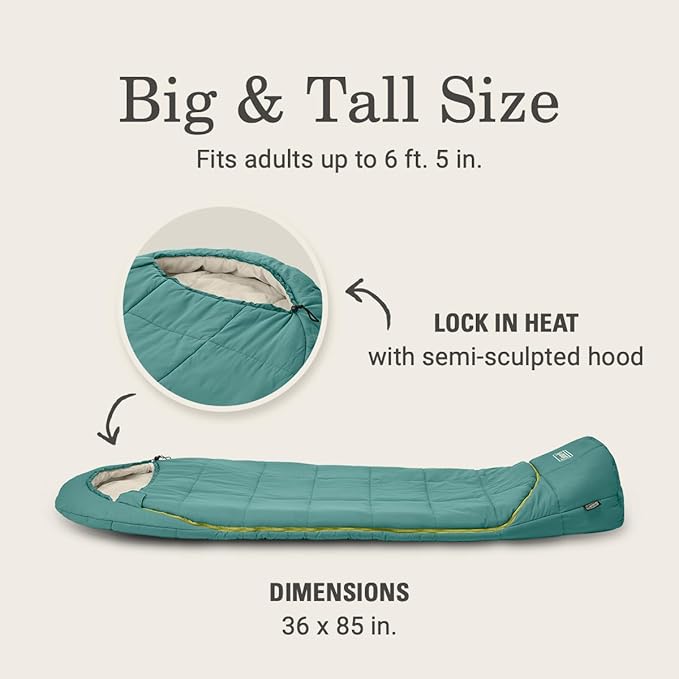 Coleman Big Bay 20°F Sleeping Bag, Adult Mummy Sleep Sack with Headrest