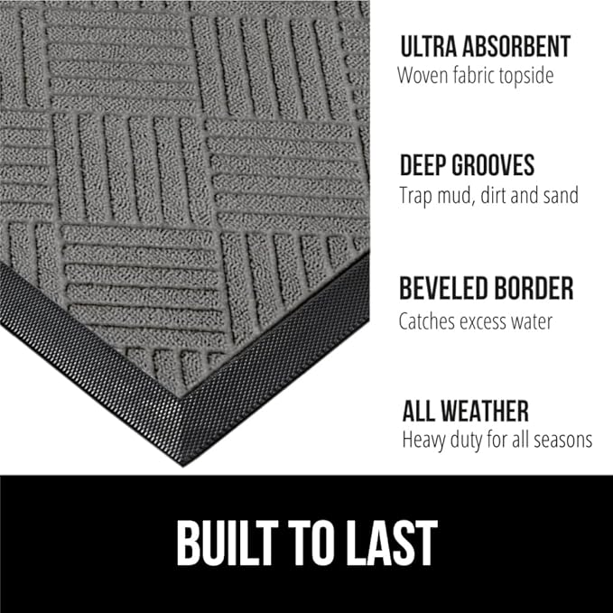 GORILLA GRIP 100% Waterproof All-Season WeatherMax Doormat, Durable Natural Rubber, Stain and Fade Resistant, Low Profile, Indoor Outdoor Door Mats, Easy Clean Patio Entrance Mat, 17x29, Steel Diamond