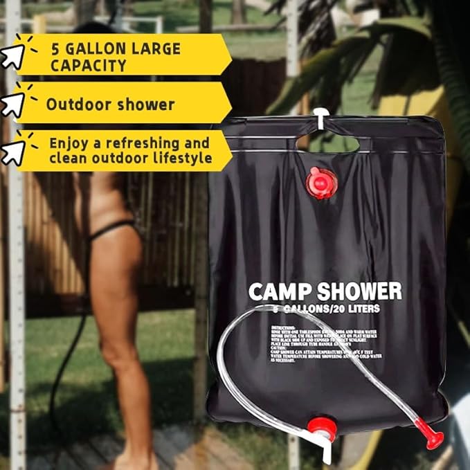 Solar Portable Shower Bag, 5 Gallons/20L Camping Shower Bag, Portable Shower Bag with Removable Hose and On-Off Switchable Shower Head for Camping, Hiking, Travel, Beach Swimming