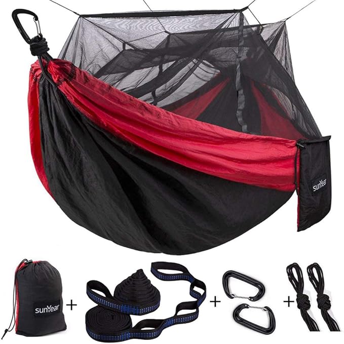 Sunyear Camping Hammock, Portable Single & Double Hammock with Net, 2 Person Hammock Tent with 2 * 10ft Straps, Best for Outdoor Hiking Survival Travel