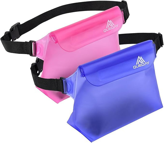 Queday 2-Pack Waterproof Pouch with Waist Strap, Screen Touchable Dry Bag with Adjustable Belt for Phone Valuables for Swimming Snorkeling Boating Fishing Kayaking Blue Pink