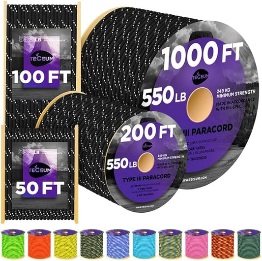 TECEUM Heavy Duty Rope 1000 – 1000ft / 200ft / 100ft / 50ft – 40+ Colors – Utility Rope for Survival & Camping Gear – Nylon String, Camping Rope, para Cord, Utility Nylon Rope, Tent Cord