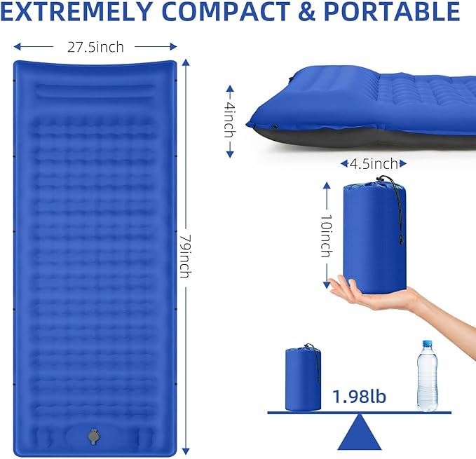 Camping Sleeping Pad, Extra Thick 5 Inch Camping Mat with Pillow Built-in Foot Pump Inflatable Sleeping Pads Compact for Camping Backpacking Hiking Traveling Tent（Blue Grey）