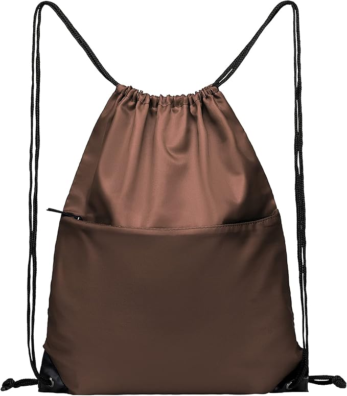 BuyAgain Drawstring Backpack Sports Water Resistant String Bag Sport Gym Sackpack for Women Men Students Large Size with Zipper, Brown