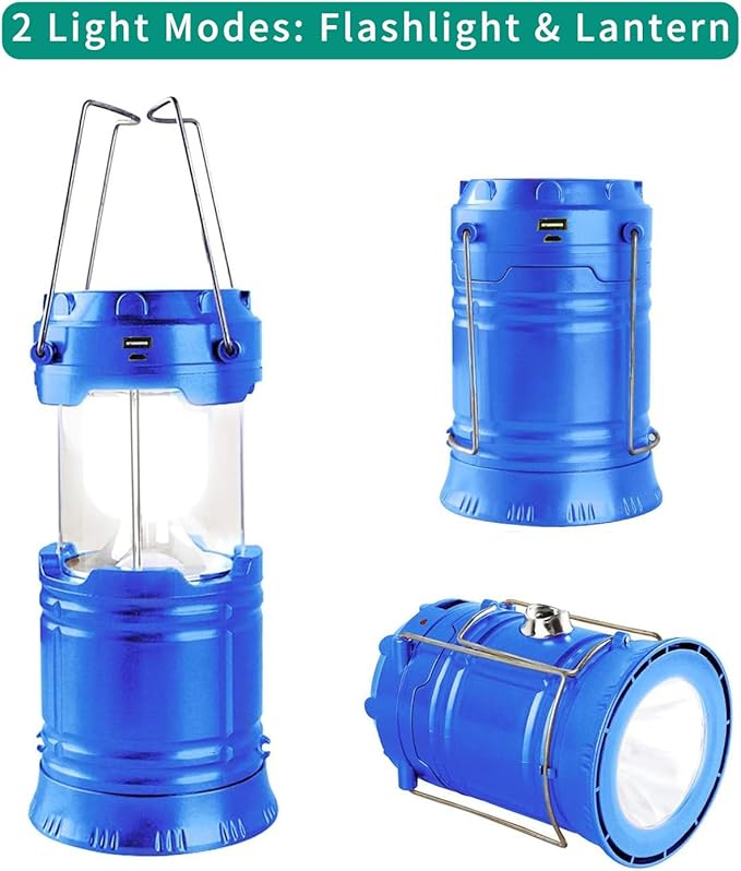 LED Camping Lantern, Solar and Rechargeable Lantern Flashlight Collapsible and Portable Light for Daily/Camp/Hiking/Night Fishing/Emergency/Hurricanes/Storm(Blue, 1 Pack)