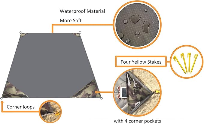 Outdoor Blanket (71" x 55") -Compact, Lightweight, Sand Proof Pocket Blanket Best Mat for The Beach, Hiking, Travel, Camping, Festivals with Pockets, Loops, Stakes, Carabiner