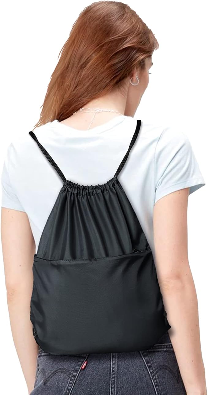 BuyAgain Drawstring Backpack Sports Water Resistant String Bag Sport Gym Sackpack for Women Men Large with Zipper, Black