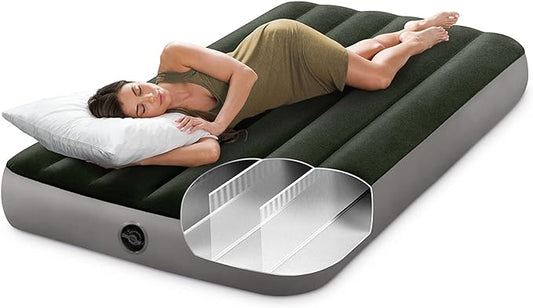 Intex 64777E Dura-Beam Standard Prestige Air Mattress: Fiber-Tech - Twin Size - Hand-Held Battery Pump - 10in Bed Height - 300lb Weight Capacity