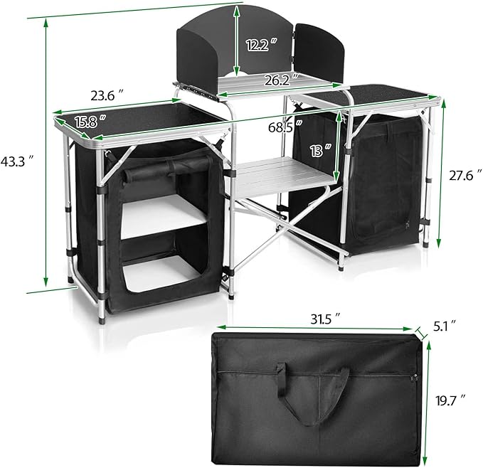 CampLand Folding Cooking Table Outdoor Portable Cook Station Aluminum Camping Kitchen with Storage Organizer, Windscreen, Hooks for BBQ, Party (Black2cabinet)