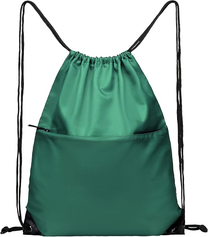 BuyAgain Drawstring Backpack Sports Water Resistant String Bag Sport Gym Sackpack for Women Men Large with Zipper (Hunter Green)