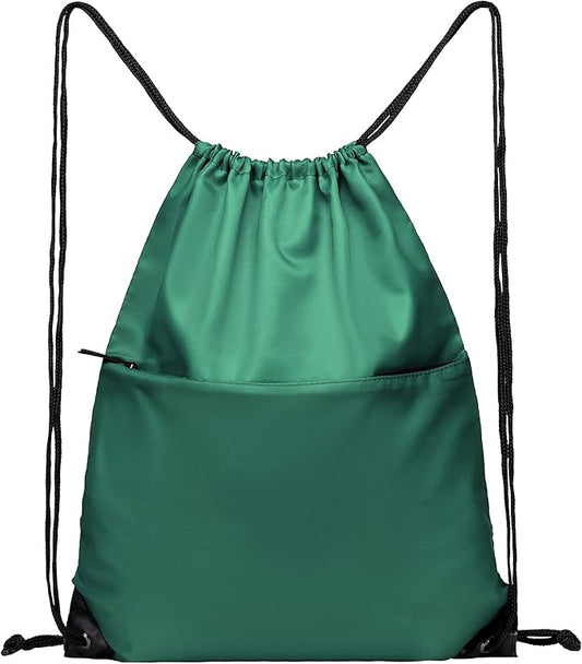 BuyAgain Drawstring Backpack Sports Water Resistant String Bag Sport Gym Sackpack for Women Men Large with Zipper (Hunter Green)