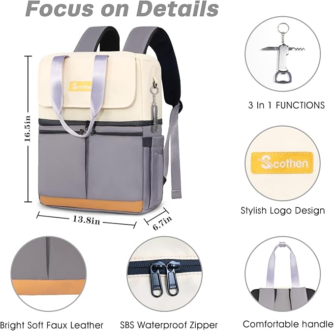 Backpack Cooler with Double Decker & 12 Ice Packs- Keeps 36 Cans Cold for Up to 24 Hours- Waterproof & Leak Proof Insulated Cooler Backpack- Stylish Cooler Bookbag for Women Travel Work Beach