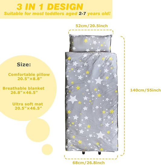 Toddlers Nap Mat with Removable Pillow and Soft Blanket, Lightweight Daycare Preschool Kindergarten Sleeping Bag, Travel Slumber for Kids Girls Boys