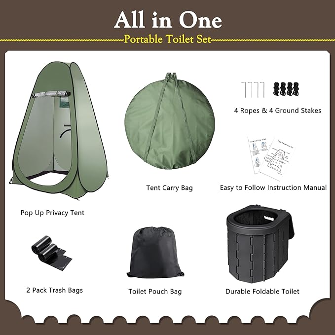 Portable Outdoor Camping Toilet Kit for Adults,Pop Up Privacy Tent, Camping Folding Toilet, 30 Toilet Bags, Washable Foldable for Travel, RV, Car, Beach, Hiking