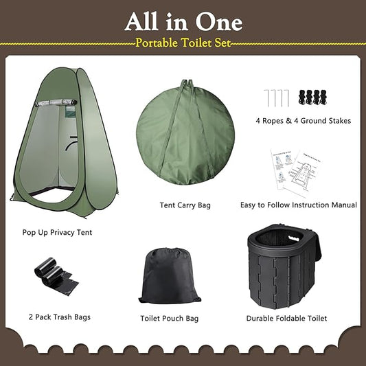 Portable Outdoor Camping Toilet Kit for Adults,Pop Up Privacy Tent, Camping Folding Toilet, 30 Toilet Bags, Washable Foldable for Travel, RV, Car, Beach, Hiking