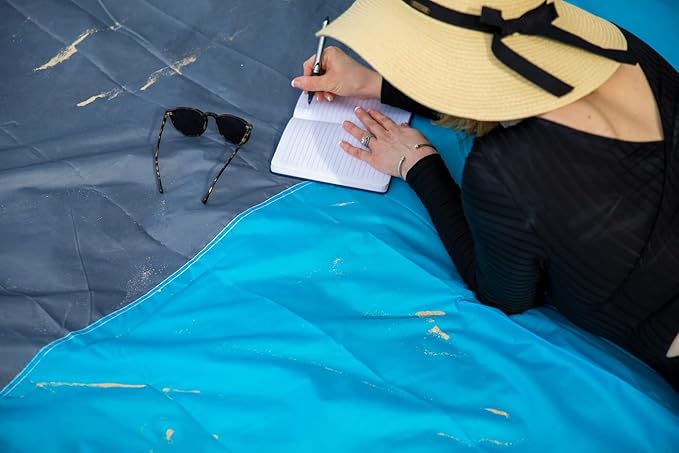 Sand Free Beach Blanket, Large Beach Mat, Water Resistant Mat Quick Drying, Lightweight & Durable with 4 Stakes & 4 Corner Pockets, Compact for Travel, Camping, and Hiking