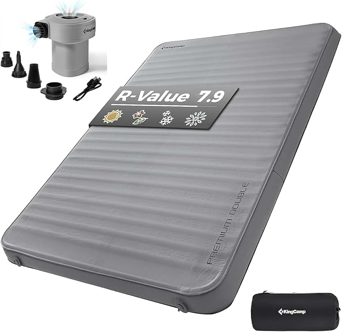 KingCamp Double Sleeping Pad, 2 Person Queen R 7.9 Self Inflating Sleeping Pad, 3" Thick Full Size Foam Mattress Mat with Air Pump for Outdoor Camping Tent Car, PVC Free (Grey)
