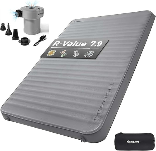 KingCamp Double Sleeping Pad, 2 Person Queen R 7.9 Self Inflating Sleeping Pad, 3" Thick Full Size Foam Mattress Mat with Air Pump for Outdoor Camping Tent Car, PVC Free (Grey)