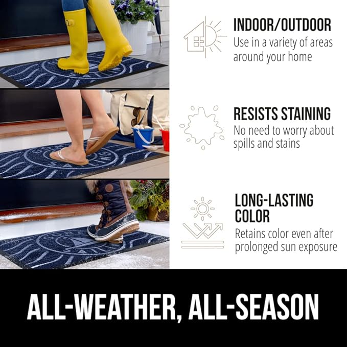 GORILLA GRIP 100% Waterproof All-Season WeatherMax Doormat, 23x35, Durable Natural Rubber, Stain and Fade Resistant, Low Profile, Indoor Outdoor Door Mats, Easy Clean Patio Entrance Mat, Blue Sailing