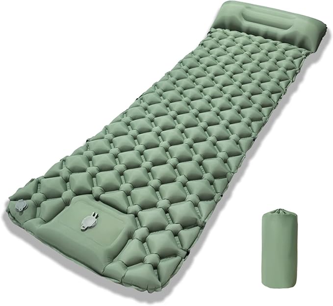 MEI&CO Ultra-Light Inflatable Sleeping Pad with Built-in Pillow & Foot Pump – for Camping, Hiking & Backpacking – Single Pad with Side Buttons for Double Conversion (1, Green)