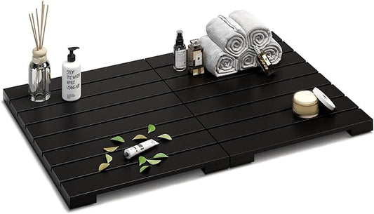 Waterproof Bamboo Bath Mat for Shower, Foldable | Non-Slip | Heavy Duty, Wooden Bath Mat, Floor Mat and Doormat for Indoor Outdoor (Black, 23.5 x 15.6IN)