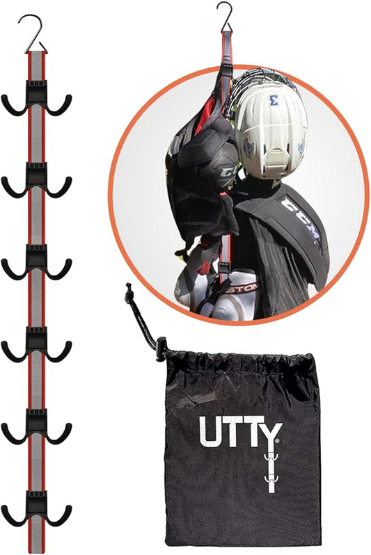 UTTY Hanging Multipurpose Portable Hockey Drying Rack - Durable Gear Keeper & Sports Equipment Organizer - 6 Adjustable Hooks Support Light to Heavy Weight for Home, Travel & Outdoor Use