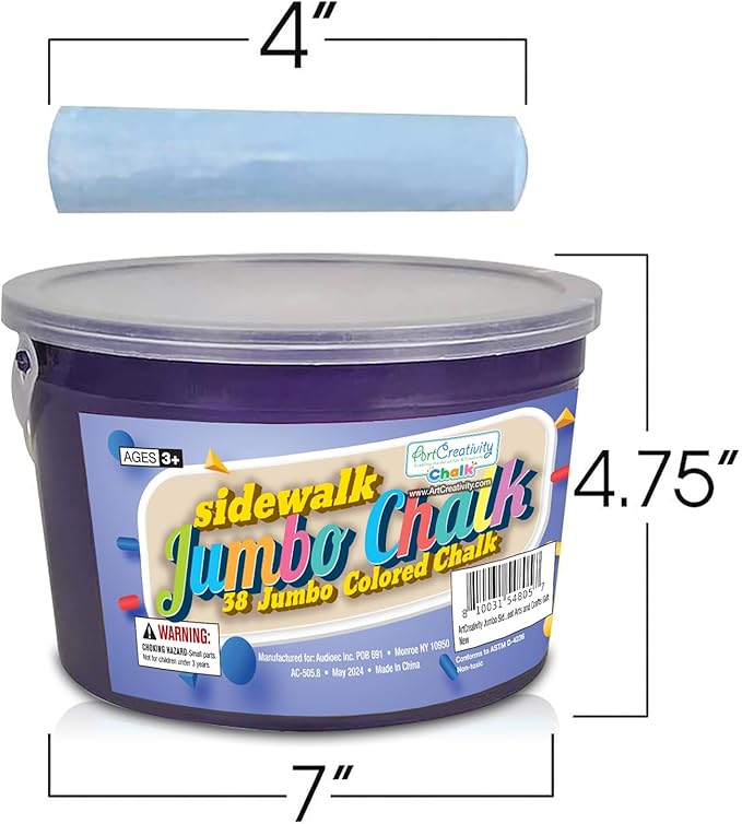ArtCreativity Sidewalk Chalk for Kids, (38 Pieces) Bulk Jumbo Colored Sidewalk Chalk for Toddlers 1-3, Dustless, Washable & Non-Toxic, Use Outdoor or on Indoor Chalkboard or Blackboard