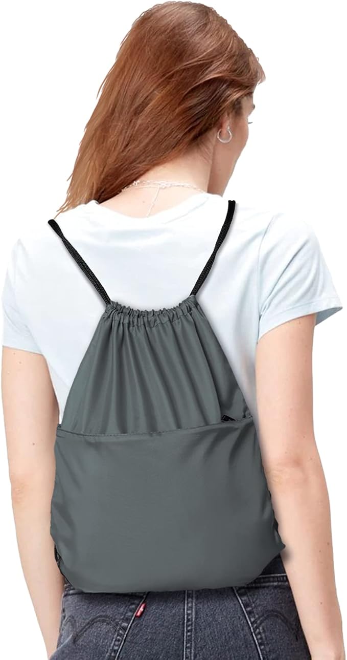 BuyAgain Drawstring Backpack Sports Water Resistant String Bag Sport Gym Sackpack for Women Men Large with Zipper, Grey