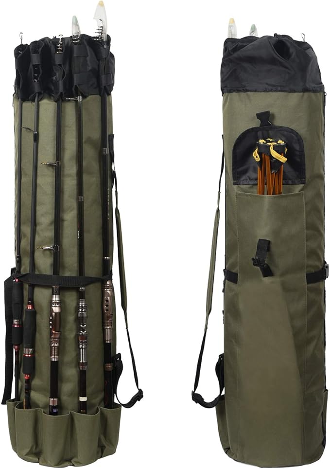 LEADALLWAY Portable Fishing Rod Case - Durable Folding Oxford Fabric Tackle Carry Bag - Multifunction, Large Capacity, Waterproof - Holds 5 Poles