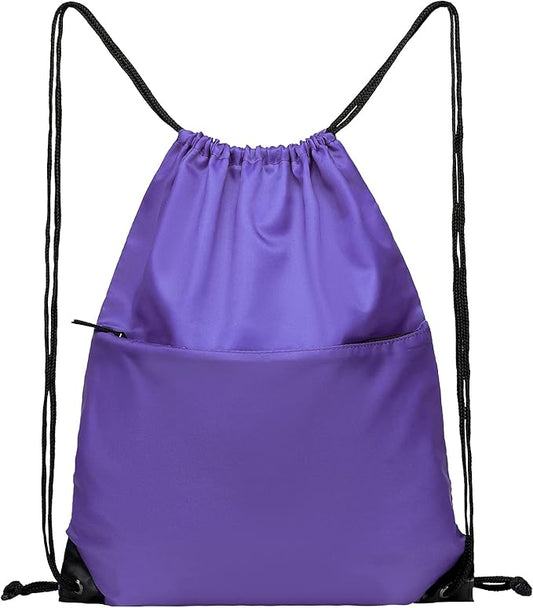 BuyAgain Drawstring Backpack Sports Water Resistant String Bag Sport Gym Sackpack for Women Men Large with Zipper, Purple