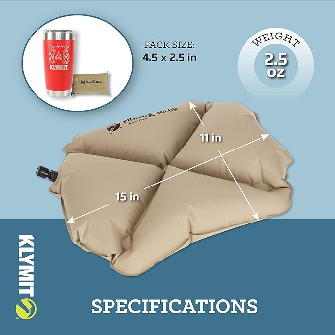 Klymit Pillow X Travel Pillow, Lightweight Inflatable Hybrid Airplane, Backpacking, Hammock, and Camping Pillow