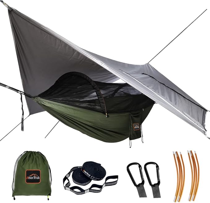 Camping Hammock with Mosquito Net and Rain Fly Tarp, Portable Double Hammock with Two Tree Straps, 230T Nylon Hammock and Waterproof Rain Fly Set for Hiking, Backpacking, Overnight (Green)