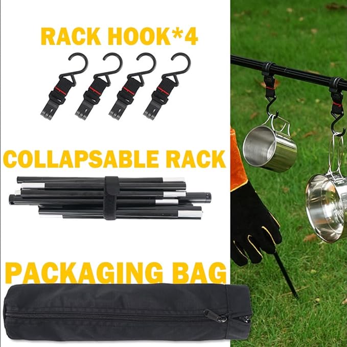 Foldable Tripod Camping Hanging Rack - 4 Hooks Outdoor Cookware Storage Portable, Outdoor Camping Folding Rack