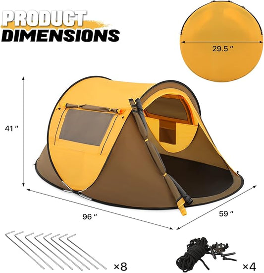 MoNiBloom Pop Up Tent 2 Person for Camping Waterproof Outdoor Easy Set Up Automatic Family Travel Tent, 2 Doors and Side Windows Instant Easy Popup Beach Tent with Carry Bag, Yellow