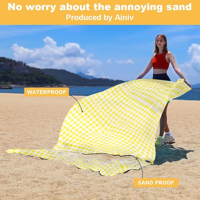 Beach Blanket Beach Mat, Sandproof Waterproof Beach Mat, Picnic Blanket, Extra Large 55x79 in (3-5 People) Picnic Blanket with 1 Storage Bag & 4 Fixed Nails for Beach, Camping, Hiking, Picnic