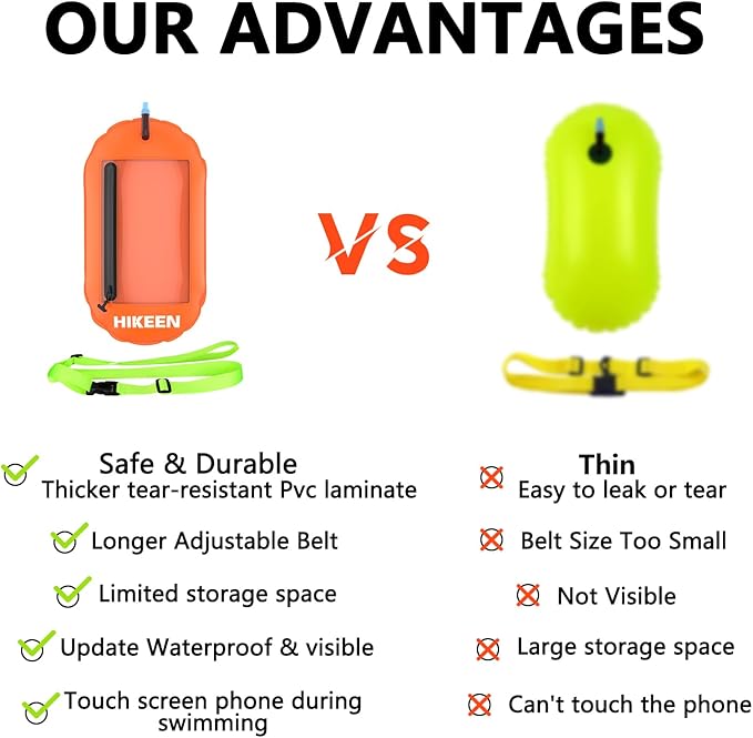 Hikeen Swim Buoy -Waterproof Touchscreen Storage Space, Swim Safety Float w/Adjustable Waist Belt for Open Water Swimmers and Triathletes -Be Bright,Be Safer & Be Seen
