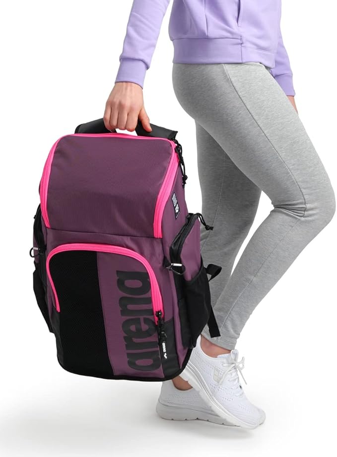 Arena Spiky III Backpack 45 Swimming Athlete Sports Gym Rucksack Large Training Gear Equipment Swim Bag for Men and Women, 45 Liters, Plum/Neon Pink