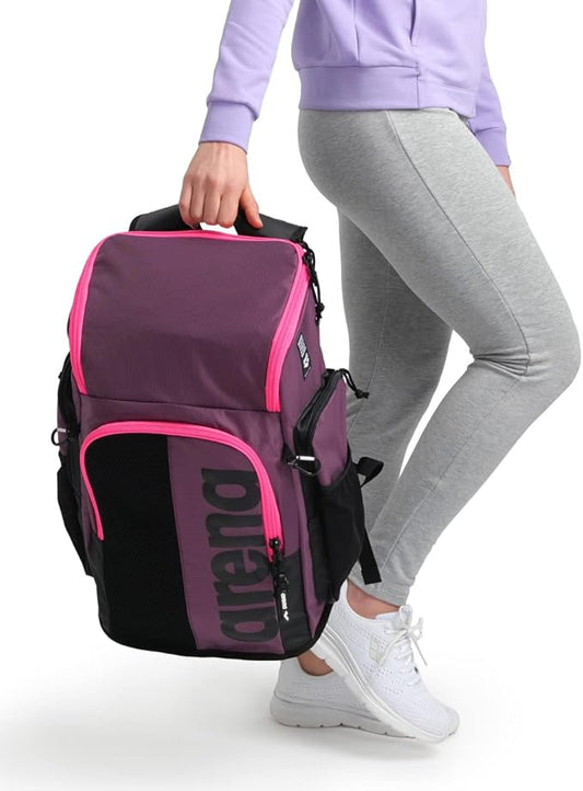 Arena Spiky III Backpack 45 Swimming Athlete Sports Gym Rucksack Large Training Gear Equipment Swim Bag for Men and Women, 45 Liters, Plum/Neon Pink
