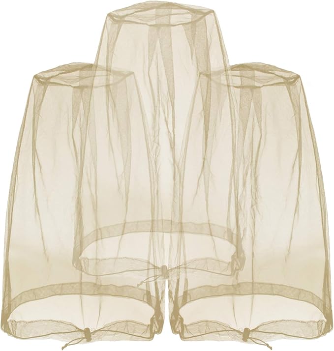 Anvin Mosquito Head Mesh Nets Gnat Face Netting for No See Ums Insects Bugs Gnats Biting Midges from Any Outdoor Activities, Works Over Most Hats Comes with Free Stock Pouches (3pcs, Khaki)