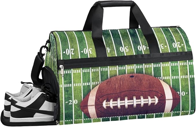 American Football Field And Ball Dry Wet Depart Duffle Overnight Bag with Shoes Compartment & Wet Pockets, Water Resistant Weekender Travel Gym Pouch For Swim Gymnastics Ballet Sleepovers