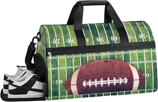American Football Field And Ball Dry Wet Depart Duffle Overnight Bag with Shoes Compartment & Wet Pockets, Water Resistant Weekender Travel Gym Pouch For Swim Gymnastics Ballet Sleepovers