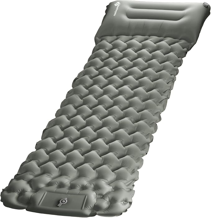 Inflatable Camping Sleeping Pad with Pillow & Foot Pump, 3"x79"x26" Single Camping Air Mattress, Compact Roll-Up, Quick-Dry & Durable Sleeping Mat for Backpacking, Hiking, Tent, Travel – Grey