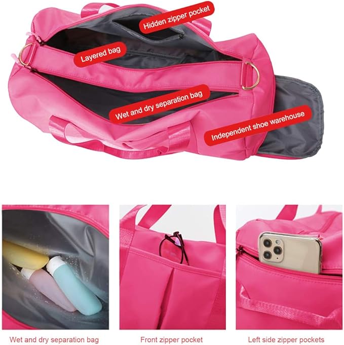 Blackwheel Sports Gym Bag With Shoe Bag Wet Bag Duffle Bag Waterproof Travel Bag for Women Cute Gym Bag Rose Red 29L